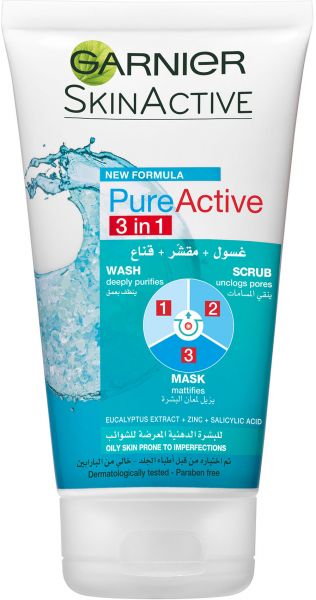 Garnier Pure Active 3-in-1 Wash, Scrub and Mask 150ml